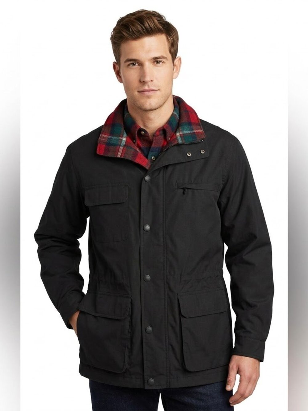 Eddie Bauer vintage black wool plaid lined heavy knit Zip up Parka jacket, XL